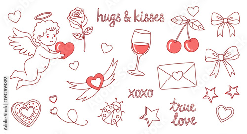 Cherubic angel and hearts with romantic symbols, hugs, kisses, and affectionate illustrations
