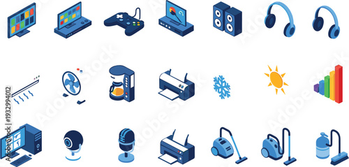 Isometric vector icon set of home electronics and office technology featuring computer, television, gaming console, printer, headphones, speakers, and household appliances.