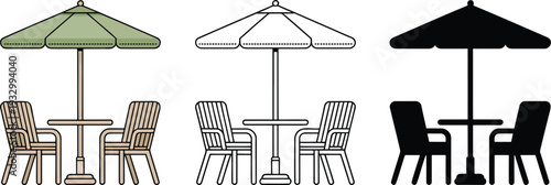 Cafe chairs with umbrella silhouette & Outline and illustration set isolated on transparent background