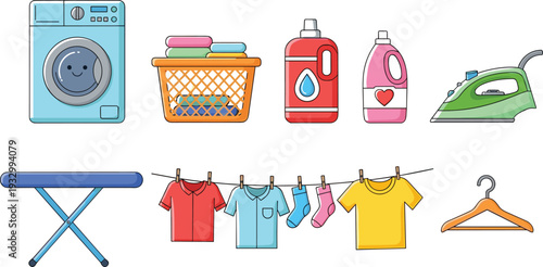 Laundry and housekeeping service vector icon set featuring front load washing machine, laundry basket with folded clothes, detergent bottles, iron, ironing board, clothesline, and hanger.