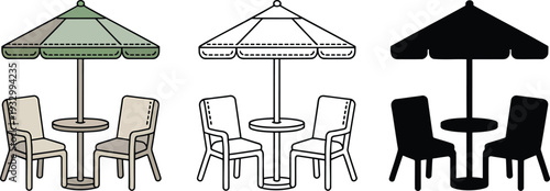Cafe chairs with umbrella silhouette & Outline and illustration set isolated on transparent background