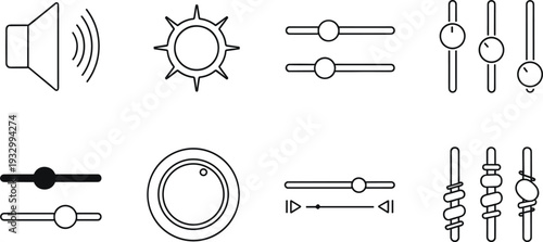 Media control and settings interface icons set featuring volume speaker, brightness sun, adjustment sliders, toggle switches, and rotary dial knob for digital UI design.