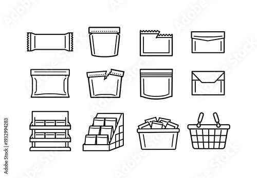 Line style vector icons of packaged snack foods: bar, pouch, sachet, packet; seal, tear, zip, fold; shelf, rack, bin, basket