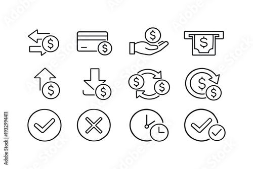 Line style vector icons of Financial transaction icons: transfer, payment, deposit, withdraw; send, receive, exchange, refund;