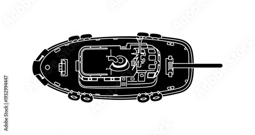 Military tank with gun pointing right in top down view