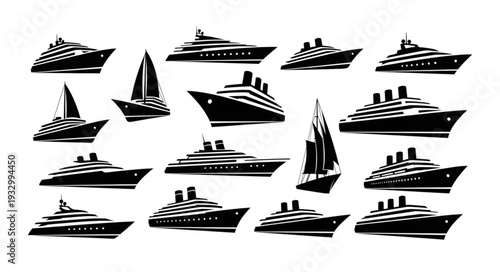 Collection of various black and white cruise ships and sailboats illustrations.