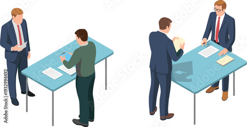 Isometric business meeting scene, professionals reviewing documents and signing contracts at office tables collaborative corporate teamwork discussion agreement negotiation concept