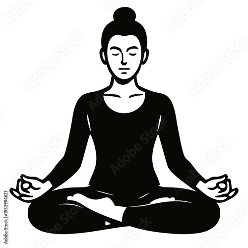 Serene Black & White Illustration of a Woman Meditating in Lotus Pose, Eyes Closed, Hands in Mudra. Ideal for Yoga, Mindfulness, and Wellness Themes. Represents Inner Peace, Relaxation, and Spiritual