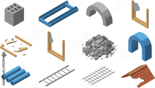Isometric collection of construction materials and structural elements including concrete block, beams, pipes, arch and roof tiles