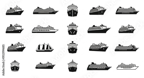 Collection of various cruise ships in black and white, side and front views.