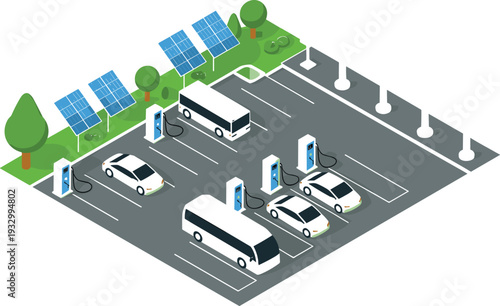 Isometric electric vehicle charging station with solar panels and wind turbines, sustainable energy parking lot vector illustration