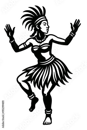 Stunning black silhouette vector of an exotic tribal female dancer in a dynamic pose, adorned with traditional headdress, beaded necklace, armbands, and a flowing skirt, embodying cultural celebration