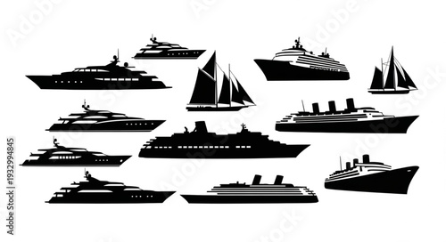 Collection of various black silhouette images of different types of boats and ships.