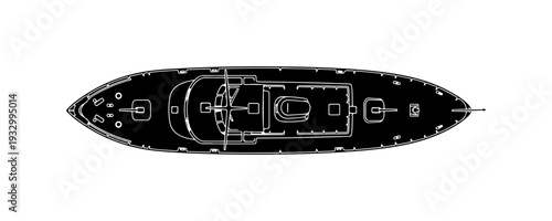 Sleek yacht deck layout design in black and white overhead view