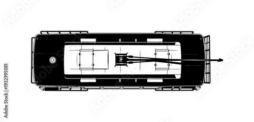 Overhead view of modern RV interior with sleek furniture layout