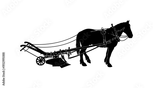 Horse pulling plow in vintage agricultural scene