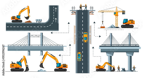 An infographic illustrating various stages of road and bridge construction, featuring excavators, cranes, workers, and different bridge designs.
