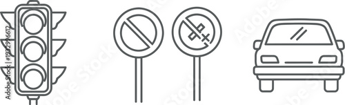 Traffic signals and road signs indicating vehicle and pedestrian movement rules