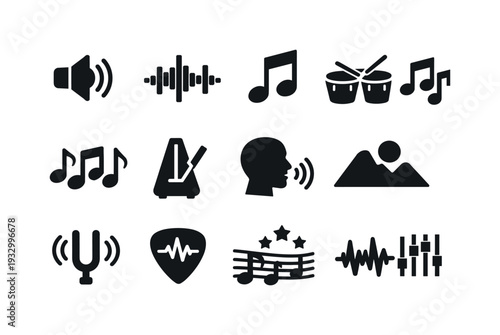 Audio Icons Collection. Solid vector icons of audio generation AI: audio, waveform, melody, rhythm, harmony, beat, tempo, note,