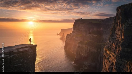 Lone figure stands on cliff edge overlooking ocean at sunset.
