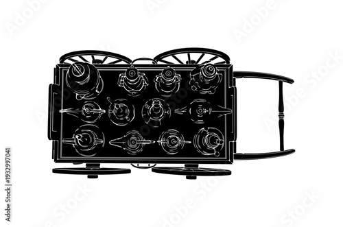 Set of 12 black industrial wheelbarrow icons vector