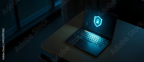 Laptop exibindo símbolo de escudo representando proteção digital, segurança de sistemas e defesa de dados em ambientes corporativos e tecnológicos.
