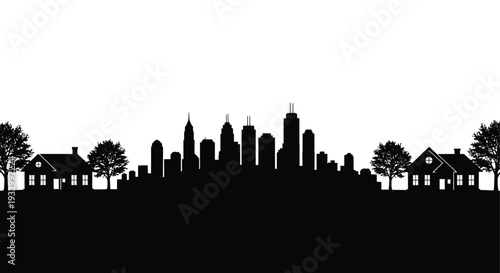 A striking black silhouette depicts a cityscape with buildings and suburban homes against a bright white background silhouette