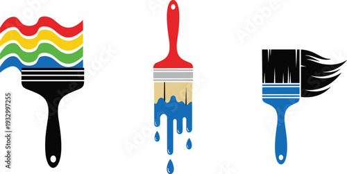Paint Brush Icon Set with Colorful Rainbow Dripping Paint and Black Brush Strokes for Creative Art Renovation and Home Improvement Design.