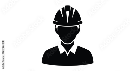 A stark black silhouette depicts a worker wearing a hard hat and collared shirt emphasizing occupational safety silhouette