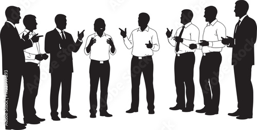 Silhouette illustration of professionals engaged in conversation, representing teamwork, negotiation, debate, corporate communication, and conflict resolution in a formal business setting