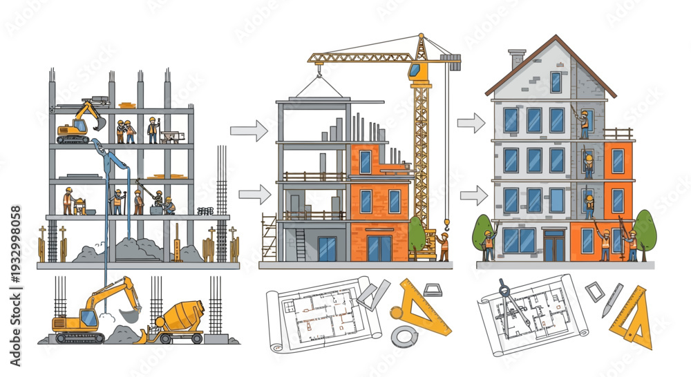 Fototapeta premium A detailed illustration showing the three-stage process of building construction, from initial foundation and structural framework to exterior finishing and a completed multi-story building.