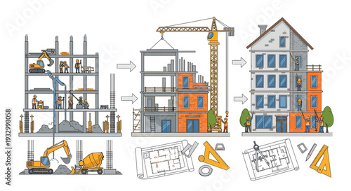 A detailed illustration showing the three-stage process of building construction, from initial foundation and structural framework to exterior finishing and a completed multi-story building.