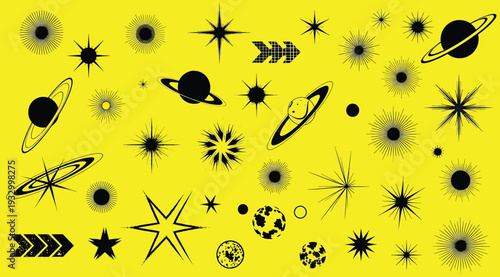 Collection of various celestial objects and starburst explosions on bright yellow background