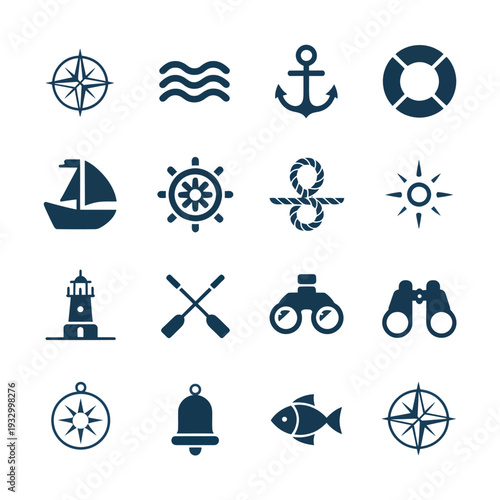 Nautical themed icons depicting sailing navigation and maritime elements