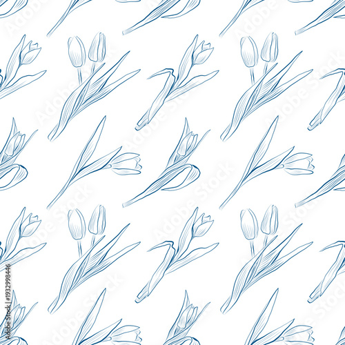 Seamless pattern of linear drawings of tulip flowers. Minimalistic illustration.