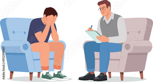 Minimalist therapy session illustration featuring counselor with clipboard and distressed young man seated in modern armchairs.