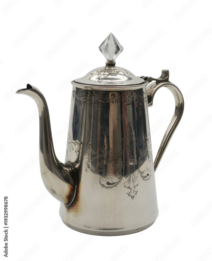 Fototapeta premium Vintage silver teapot with engravings engraved decorative isolated on a transparent background