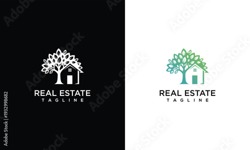 Real Estate Tree House Logo Design - Green Property Home Nature Eco-Friendly Brand.