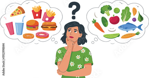Thoughtful young woman choosing between healthy vegetables and fast food illustrated in clean modern vector style.