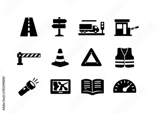 Solid vector icons of road logistics: highway, road sign, weigh station, toll booth, checkpoint barrier, traffic cone, warning