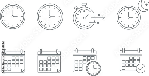 Illustrations depicting various time and calendar-related icons with clocks and calendars