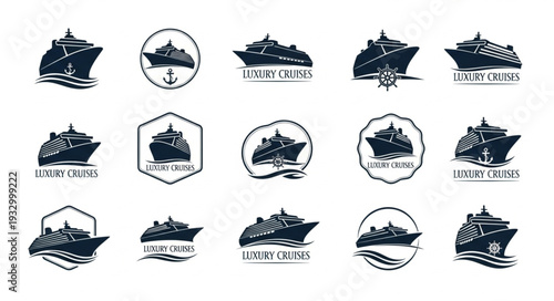 Collection of various cruise ship logo designs in different shapes and styles.