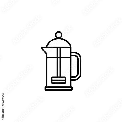 Simple line drawing of a french press coffee maker on white