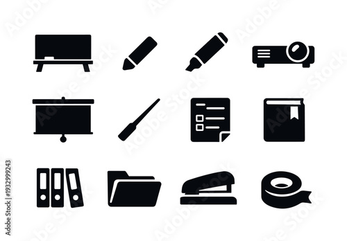 Solid vector icons of classroom activities: blackboard, chalk, marker, projector, screen, pointer, worksheet, textbook, binder,