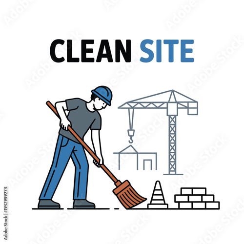 Clean site illustration depicting a worker sweeping near construction
