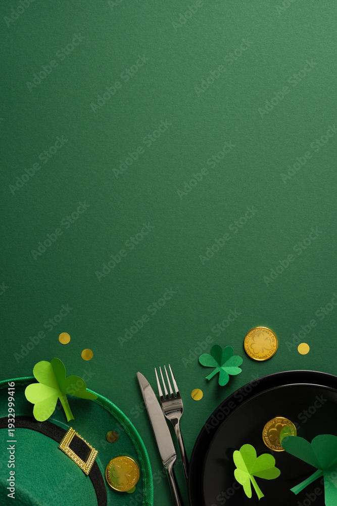Naklejka premium Overhead vertical St. Patrick's Day table scene with a green hat, paper shamrocks, gold coins and cutlery arranged on a dark green textured background for a festive holiday dinner