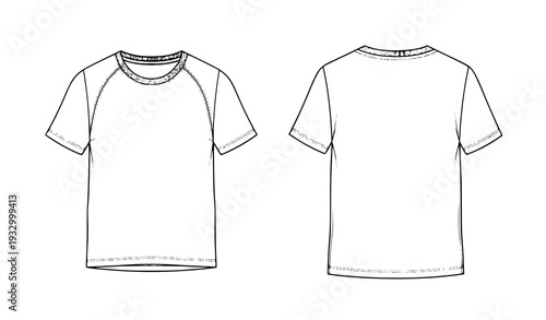T Shirt Technical Flat Sketch Vector Front and Back Fashion CAD Illustration