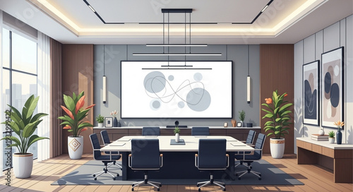 Modern conference room with a large screen and comfortable chairs for meetings.
