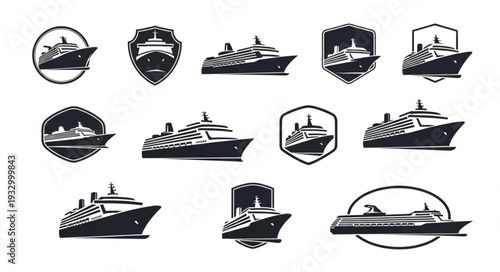 Collection of various cruise ship illustrations in different shapes and styles for design purposes.