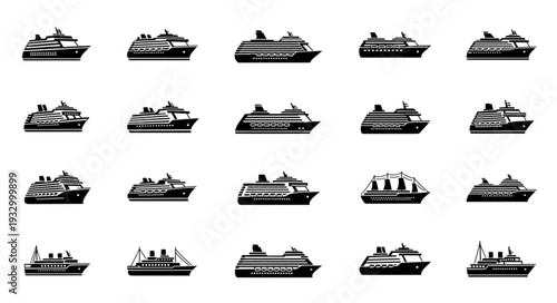 Cruise ships silhouettes collection, various vessel designs, maritime transportation concept.
